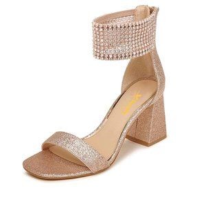 XYD Rose Gold Glitter Charming Studded Rhinestone Block Heels Wedding Sandals